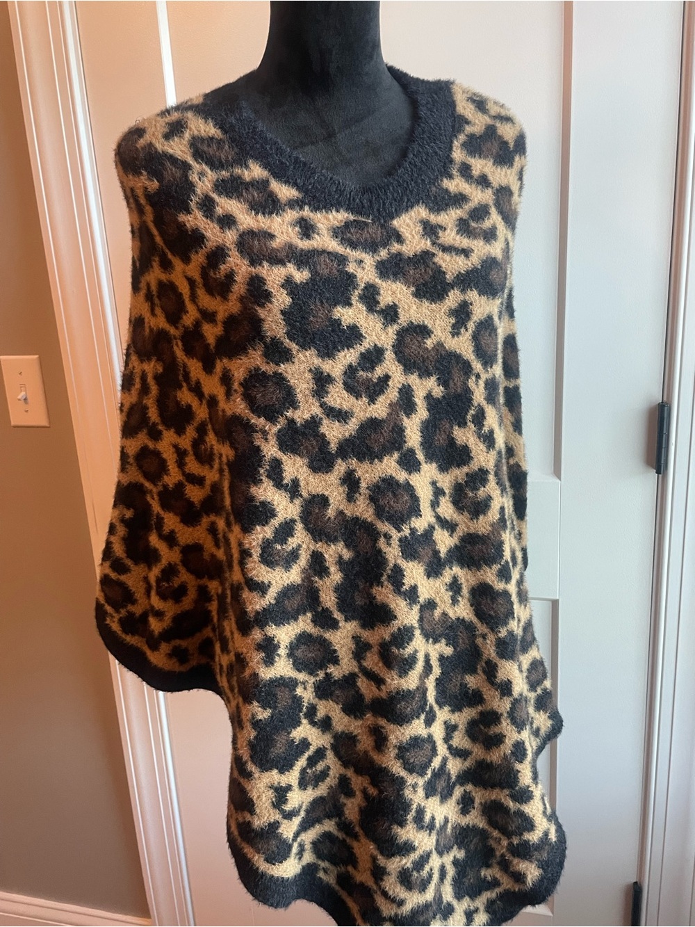 Simply Noelle Leopard Print V-Neck Poncho Sweater - Black and Tan